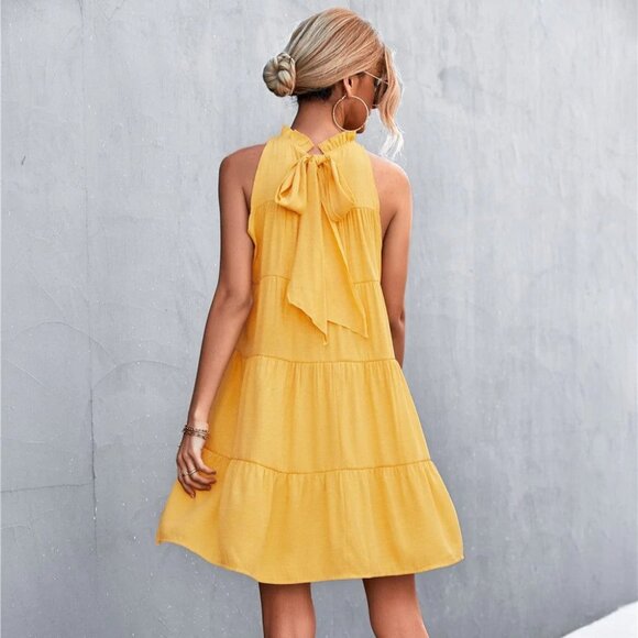 Anna-Kaci NEW Yellow Ruffle Neck Tiered Swing Mini Dress S M L XL - Picture 2 of 2